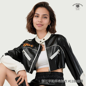 American locomotive contrasting leather jacket women's splicing leather jacket - Negative Apparel