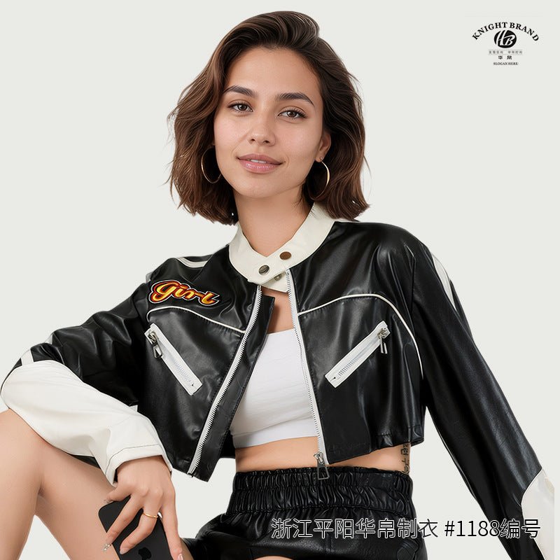 American locomotive contrasting leather jacket women's splicing leather jacket - Negative Apparel