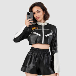 American locomotive contrasting leather jacket women's splicing leather jacket - Negative Apparel