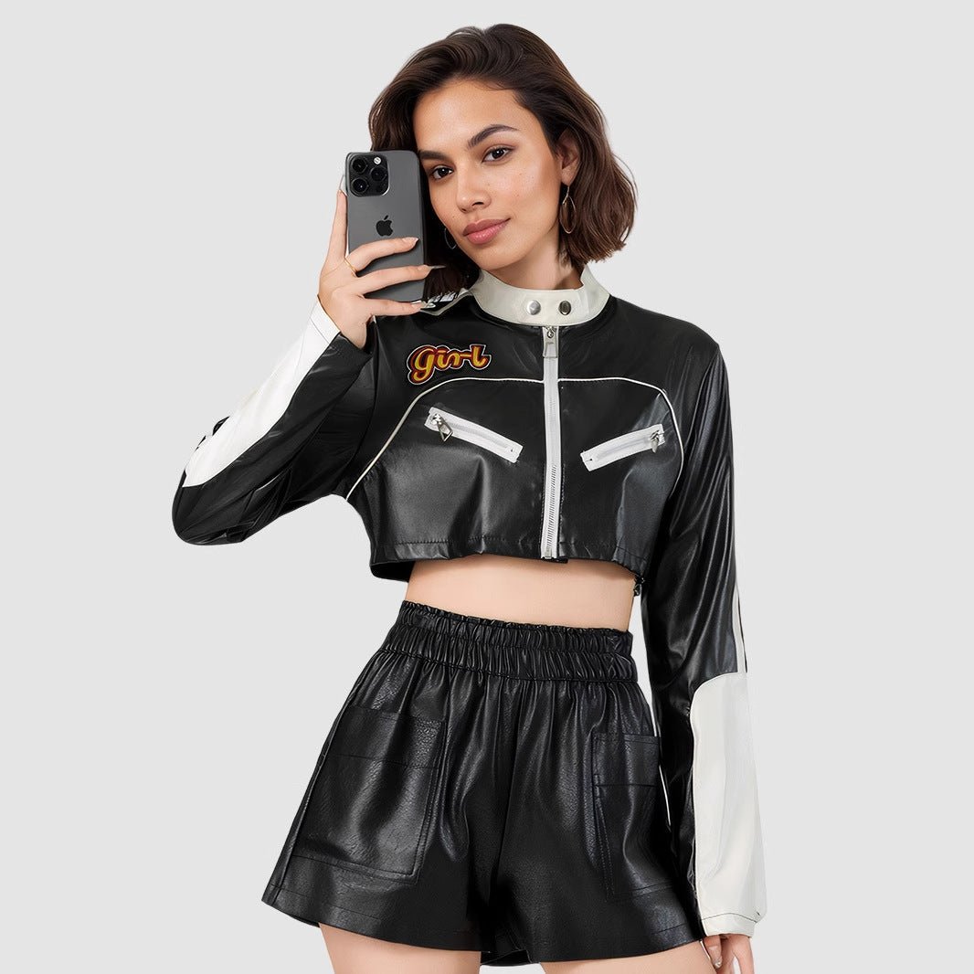 American locomotive contrasting leather jacket women's splicing leather jacket - Negative Apparel