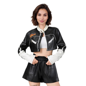 American locomotive contrasting leather jacket women's splicing leather jacket - Negative Apparel