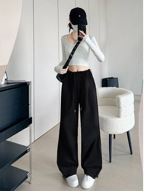 American overalls women's high - end pants women's spring and autumn new loose wide - leg sweatpants high - waisted paratrooper sweatpants - Negative Apparel