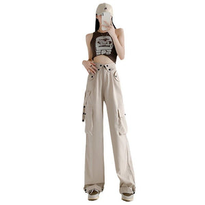 American overalls women's pants spring and autumn new retro loose straight casual wide - leg pants high waist slimming sports pants - Negative Apparel