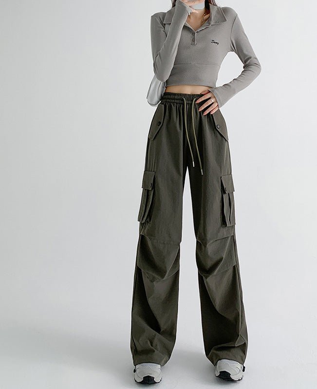 American overalls women's pants women's spring and autumn new high - waisted casual straight wide - leg pants, thin outer sweatpants - Negative Apparel