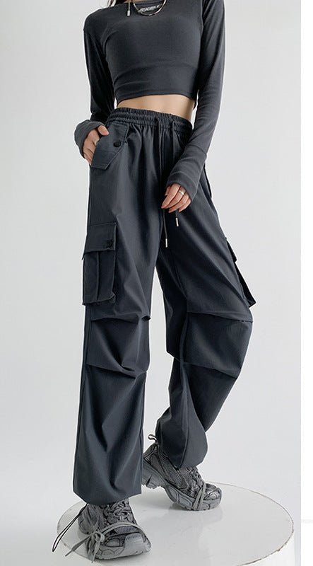 American overalls women's pants women's spring and autumn new high - waisted casual straight wide - leg pants, thin outer sweatpants - Negative Apparel