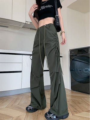 American quick - drying overalls women's summer thin 25 new high - waisted thin drawstring straight pants wide - leg parachute pants - Negative Apparel