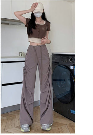 American quick - drying overalls women's summer thin 25 new high - waisted thin drawstring straight pants wide - leg parachute pants - Negative Apparel