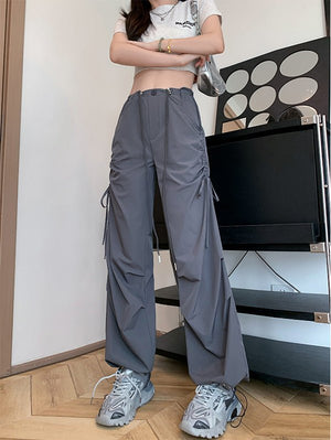 American quick - drying overalls women's summer thin 25 new high - waisted thin drawstring straight pants wide - leg parachute pants - Negative Apparel