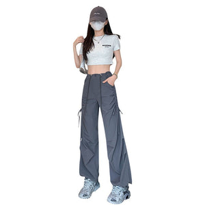 American quick - drying overalls women's summer thin 25 new high - waisted thin drawstring straight pants wide - leg parachute pants - Negative Apparel