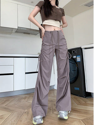 American quick - drying overalls women's summer thin 25 new high - waisted thin drawstring straight pants wide - leg parachute pants - Negative Apparel