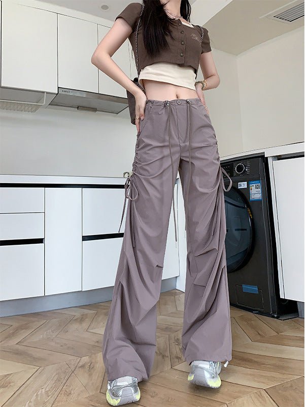 American quick - drying overalls women's summer thin 25 new high - waisted thin drawstring straight pants wide - leg parachute pants - Negative Apparel