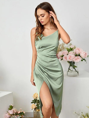American satin sling slit party dress - Negative Apparel