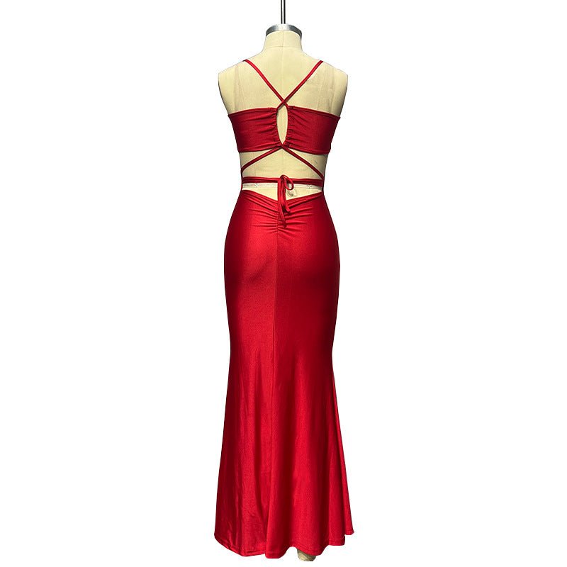 American spring new long dress backless lace - up chest wrap dress - Negative Apparel