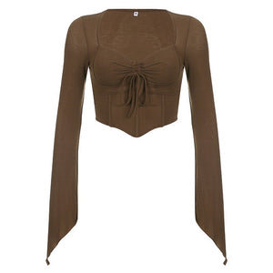 American street style low V - neck long - sleeved T-shirt fishbone waist irregular slim pleated belly - baring top - Negative Apparel