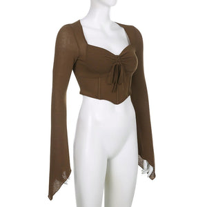 American street style low V - neck long - sleeved T-shirt fishbone waist irregular slim pleated belly - baring top - Negative Apparel