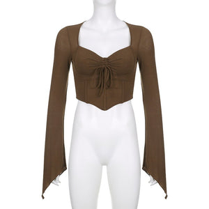 American street style low V - neck long - sleeved T-shirt fishbone waist irregular slim pleated belly - baring top - Negative Apparel