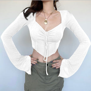 American street style low V - neck long - sleeved T-shirt fishbone waist irregular slim pleated belly - baring top - Negative Apparel