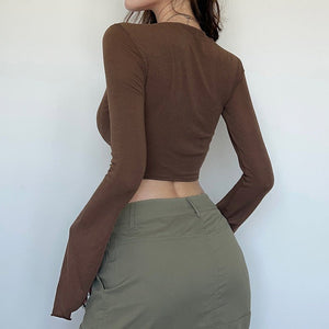 American street style low V - neck long - sleeved T-shirt fishbone waist irregular slim pleated belly - baring top - Negative Apparel