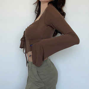 American street style low V - neck long - sleeved T-shirt fishbone waist irregular slim pleated belly - baring top - Negative Apparel