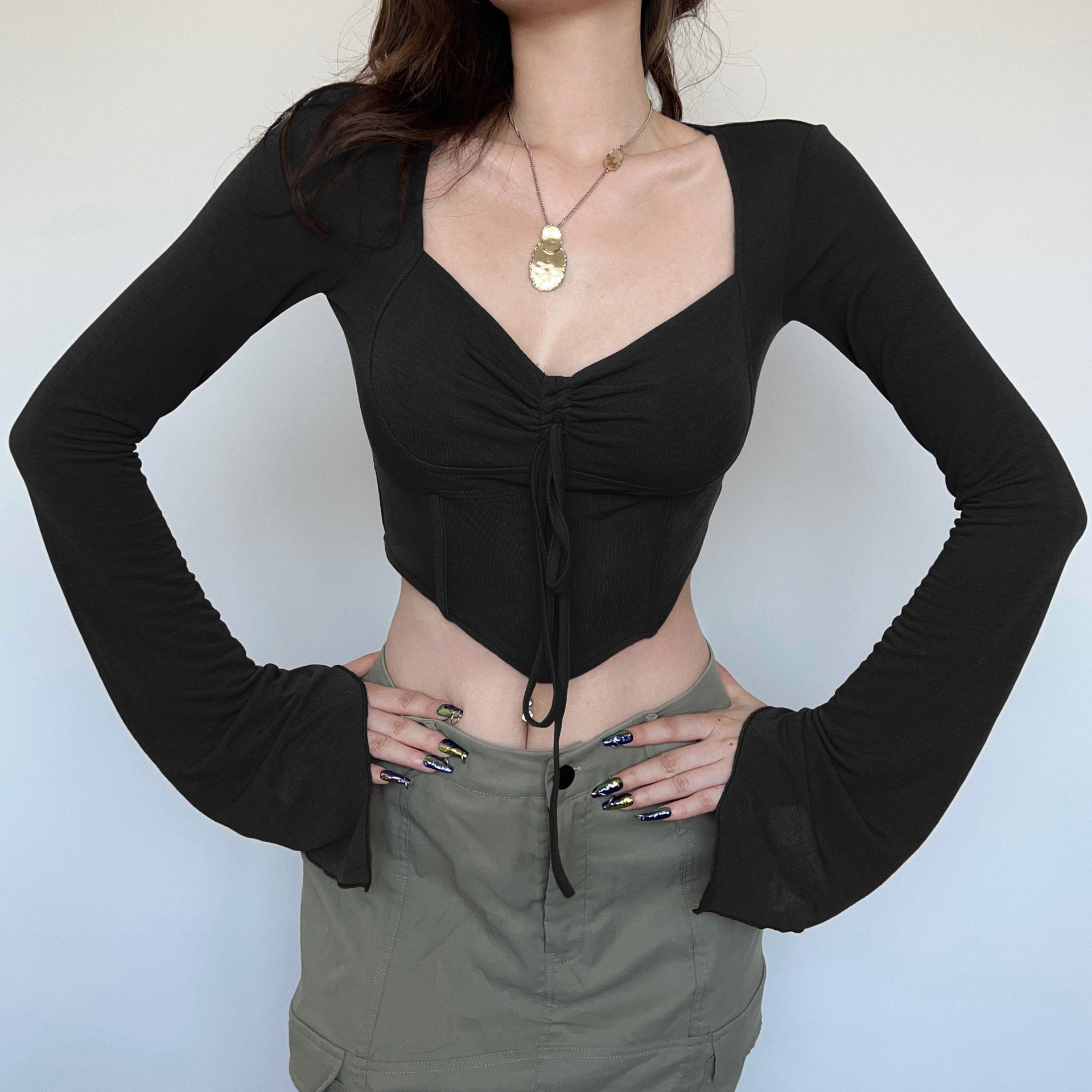 American street style low V - neck long - sleeved T-shirt fishbone waist irregular slim pleated belly - baring top - Negative Apparel