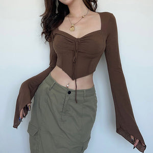 American street style low V - neck long - sleeved T-shirt fishbone waist irregular slim pleated belly - baring top - Negative Apparel