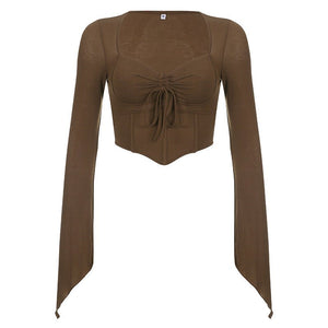 American street style low V - neck long - sleeved T-shirt fishbone waist irregular slim pleated belly - baring top - Negative Apparel