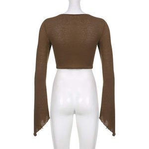 American street style low V - neck long - sleeved T-shirt fishbone waist irregular slim pleated belly - baring top - Negative Apparel