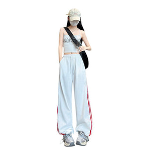 American striped sweatpants women's clothing 2025 new spring and summer loose straight sweatpants mopping the floor and showing thin narrow wide - leg pants - Negative Apparel