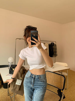 American style white t-shirt for women, short sleeves, shoulder length, 2025 new style, slim round neck, cotton layered bottoming top - Negative Apparel