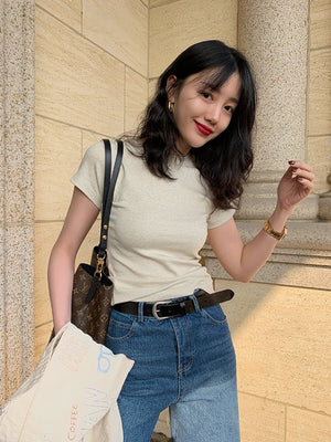 American style white t-shirt for women, short sleeves, shoulder length, 2025 new style, slim round neck, cotton layered bottoming top - Negative Apparel