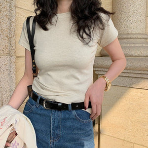 American style white t-shirt for women, short sleeves, shoulder length, 2025 new style, slim round neck, cotton layered bottoming top - Negative Apparel