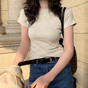 American style white t-shirt for women, short sleeves, shoulder length, 2025 new style, slim round neck, cotton layered bottoming top - Negative Apparel