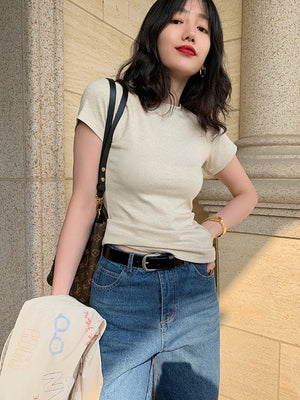 American style white t-shirt for women, short sleeves, shoulder length, 2025 new style, slim round neck, cotton layered bottoming top - Negative Apparel