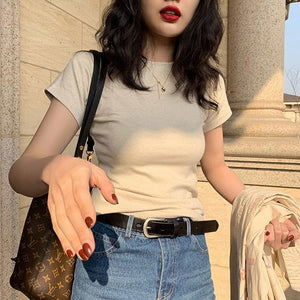 American style white t-shirt for women, short sleeves, shoulder length, 2025 new style, slim round neck, cotton layered bottoming top - Negative Apparel