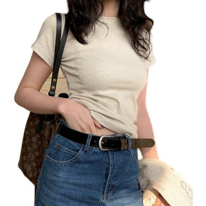 American style white t-shirt for women, short sleeves, shoulder length, 2025 new style, slim round neck, cotton layered bottoming top - Negative Apparel