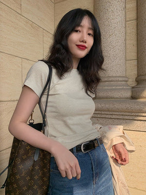 American style white t-shirt for women, short sleeves, shoulder length, 2025 new style, slim round neck, cotton layered bottoming top - Negative Apparel