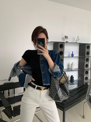 American style white t-shirt for women, short sleeves, shoulder length, 2025 new style, slim round neck, cotton layered bottoming top - Negative Apparel