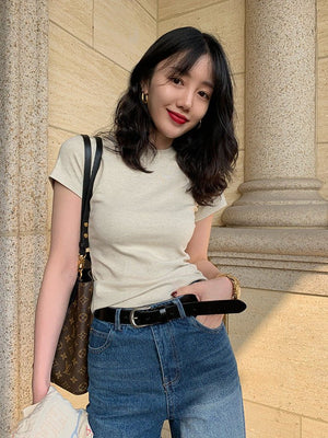 American style white t-shirt for women, short sleeves, shoulder length, 2025 new style, slim round neck, cotton layered bottoming top - Negative Apparel