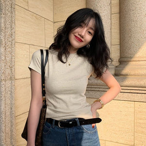 American style white t-shirt for women, short sleeves, shoulder length, 2025 new style, slim round neck, cotton layered bottoming top - Negative Apparel