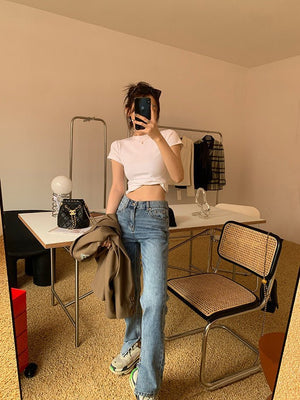 American style white t-shirt for women, short sleeves, shoulder length, 2025 new style, slim round neck, cotton layered bottoming top - Negative Apparel