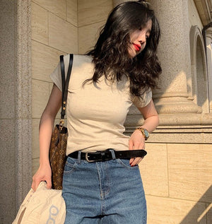 American style white t-shirt for women, short sleeves, shoulder length, 2025 new style, slim round neck, cotton layered bottoming top - Negative Apparel