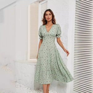 American summer printed button waist floral dress female - Negative Apparel