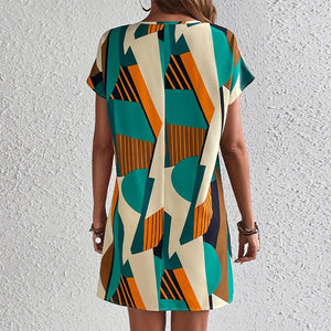 an and n holiday style contrast color short - sleeved dress female summer travel loose V - neck medium - length A - line skirt - Negative Apparel