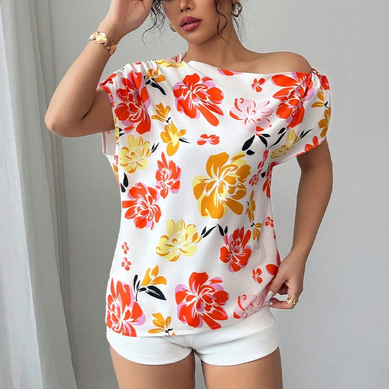 an and n oblique shoulder shirt 2025 summer new holiday style short - sleeved shirt women's pullover - Negative Apparel