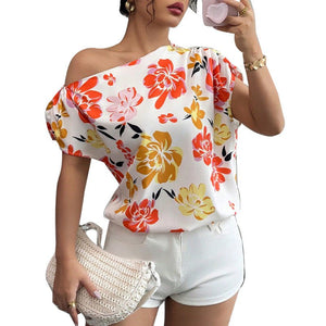 an and n oblique shoulder shirt 2025 summer new holiday style short - sleeved shirt women's pullover - Negative Apparel