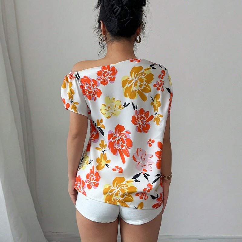an and n oblique shoulder shirt 2025 summer new holiday style short - sleeved shirt women's pullover - Negative Apparel