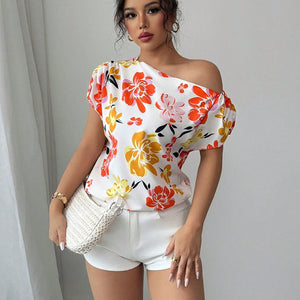 an and n oblique shoulder shirt 2025 summer new holiday style short - sleeved shirt women's pullover - Negative Apparel