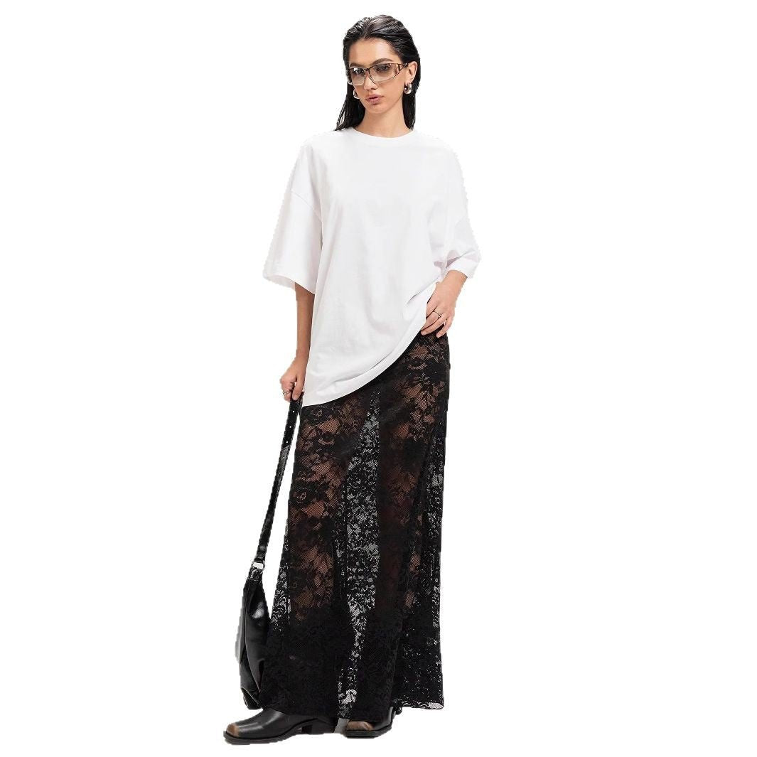 an and n style 2025 summer new women's clothing solid color slim - fit hip - wrapped street fashion high - waisted lace skirt - Negative Apparel