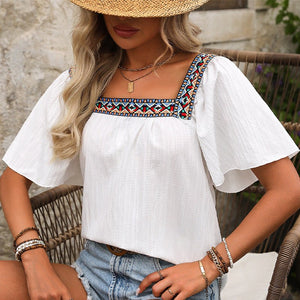 an and n summer vacation lace embroidery square collar shirt pullover lotus leaf short sleeve backless shirt women's clothing - Negative Apparel