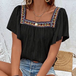 an and n summer vacation lace embroidery square collar shirt pullover lotus leaf short sleeve backless shirt women's clothing - Negative Apparel